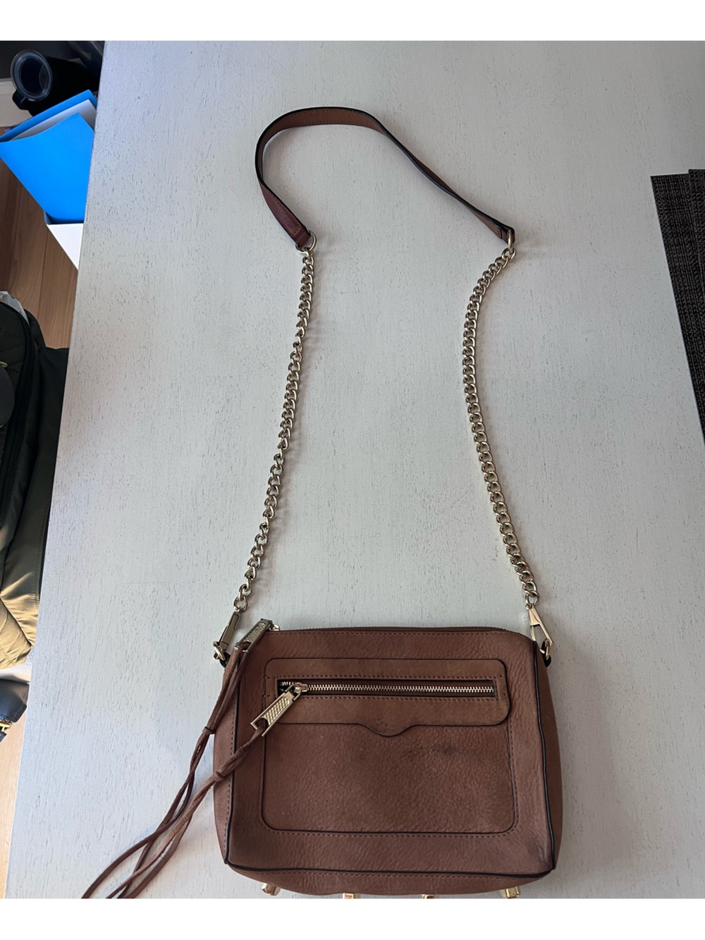 Brown Leather Crossbody Bag with Gold Chain Strap